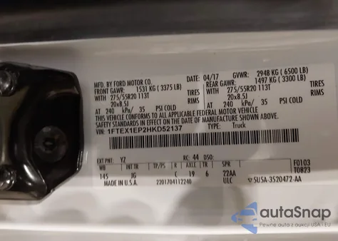 2017 Ford F-150 Xl z USA, uszkodzony, nr VIN 1FTEX1EP2HKD52137